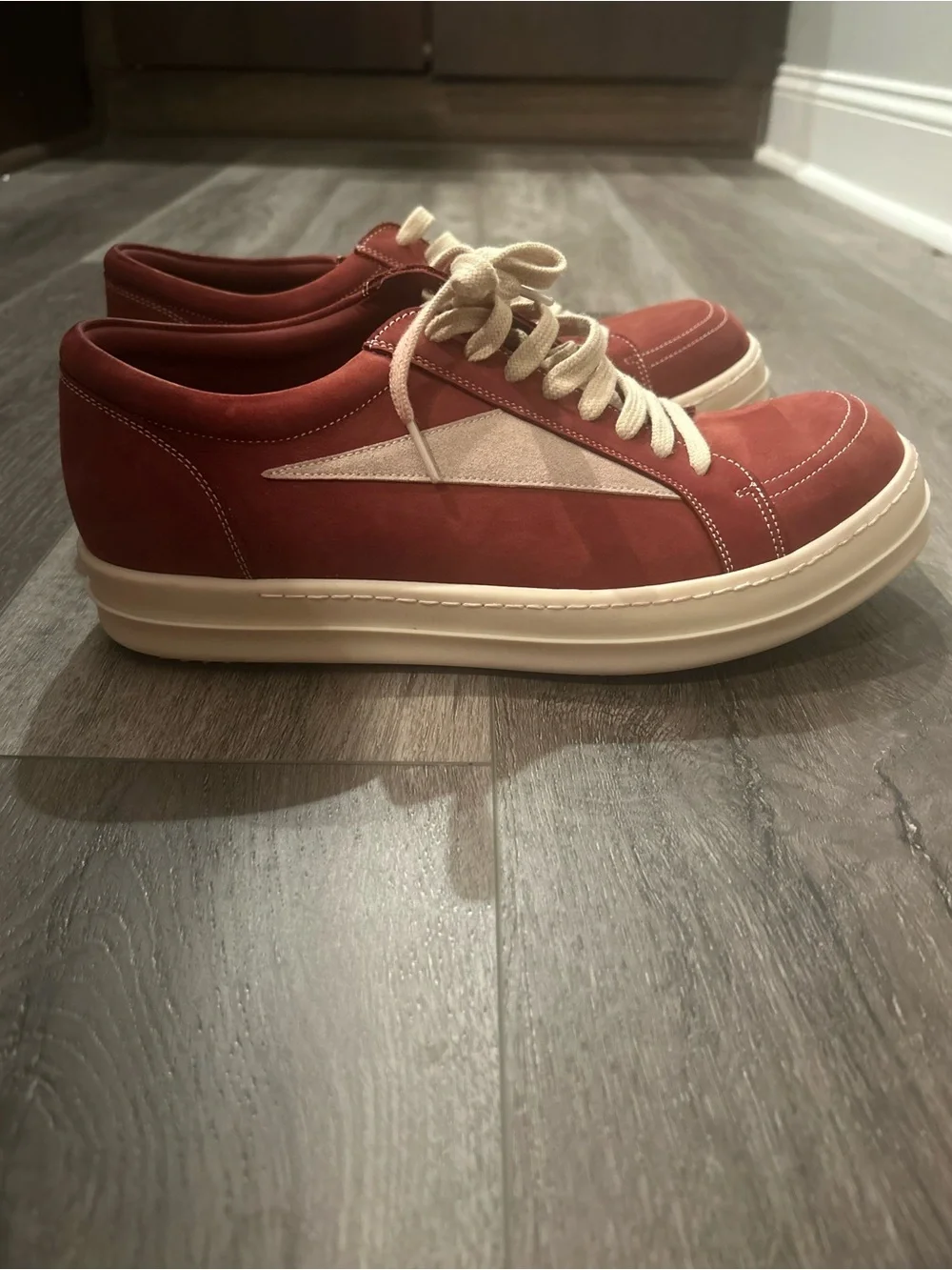 Rick Owens Low-Top Sneakers in Burgundy and Cream